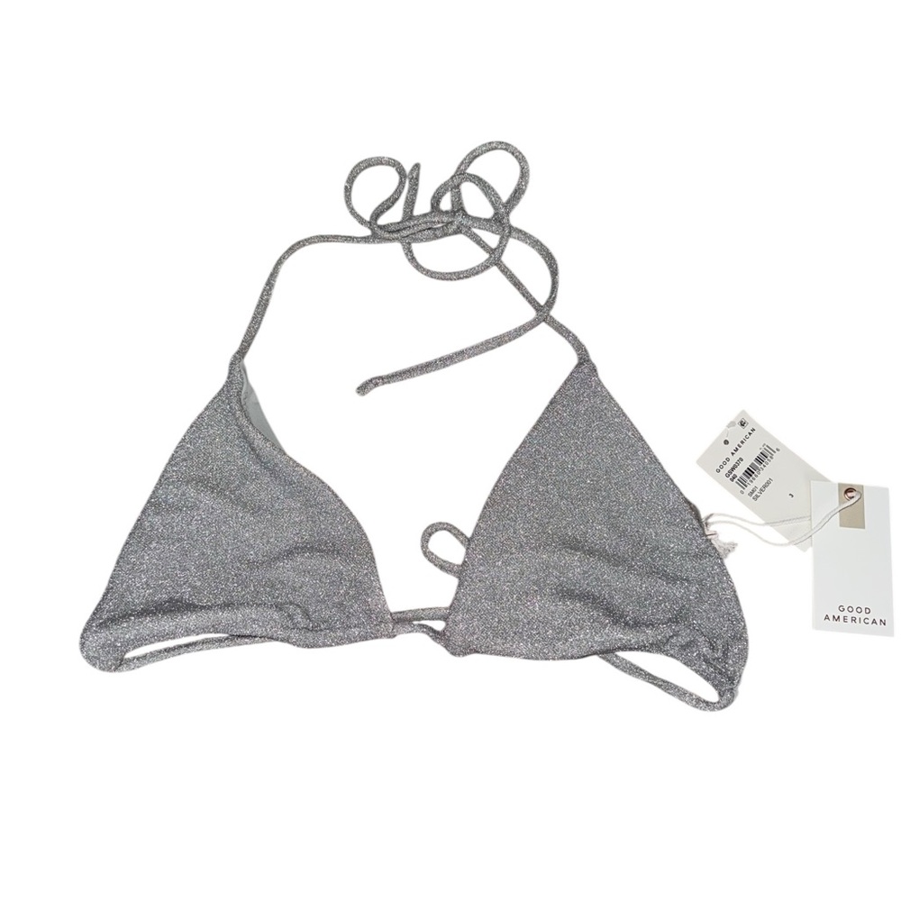 Good American Glitter Metallic Silver Gray Bikini Top Size 3 NWT